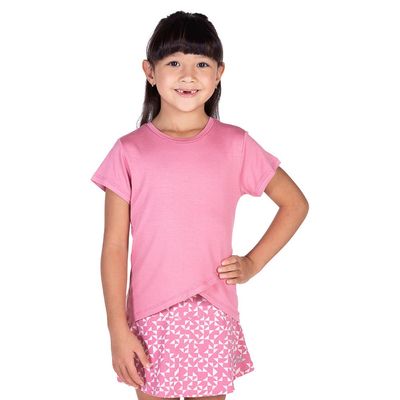 Camiseta feminina infantil manga curta transpasse flamingo