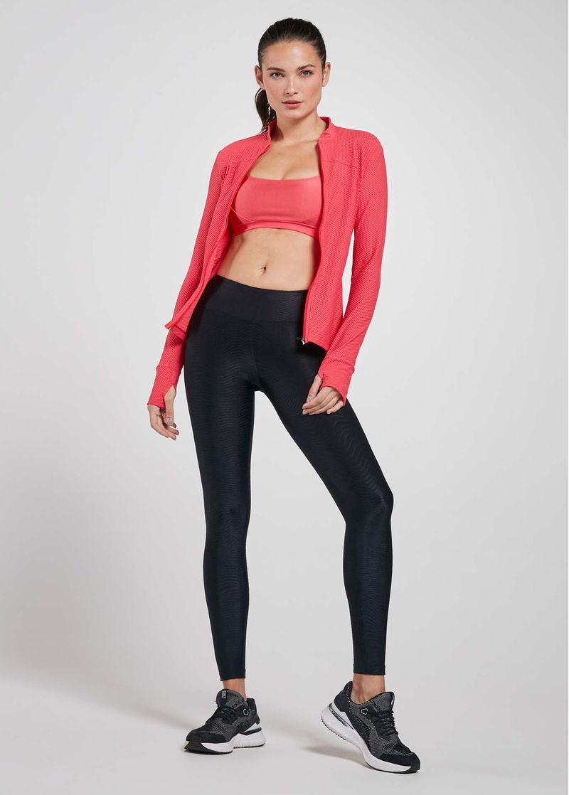 Conjunto Fitness com Cropped + Calça Legging com Recortes em Jacquard