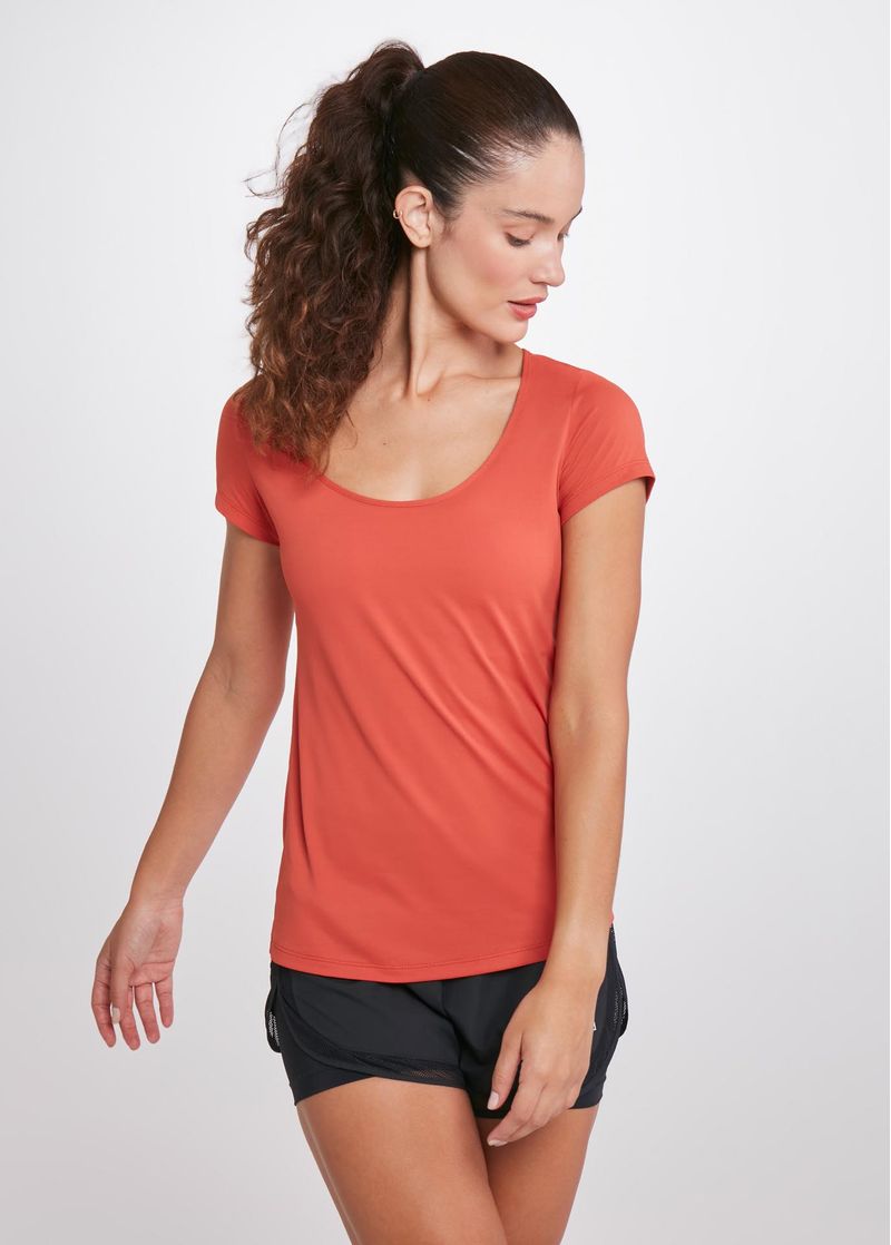camiseta-corrida-feminina-manga-curta-gota-ceramica-laranja--frente